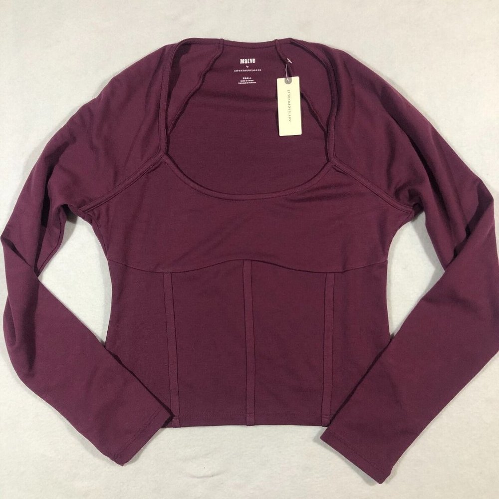 NEW Maeve Anthropologie Womens Small Semi Cropped Purple Top Shirt Long Sleeve